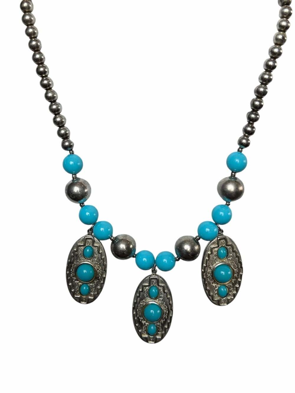 Vintage Silver-tone & Turquoise Colored Beaded Necklace Southwestern Statement - Picture 2 of 7